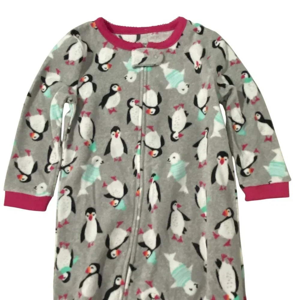 Carter's Fleece Footie Pajamas Girls 2T Gray‎ Novelty Penguin Seal Warm Fuzzy